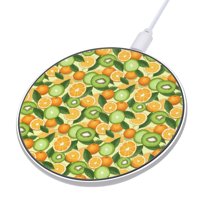 Wireless charging pad with fruit pattern on a white background