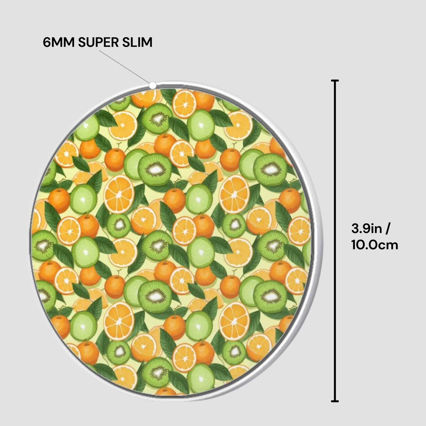 Circular product with fruit pattern and dimensions labeled on a gray background