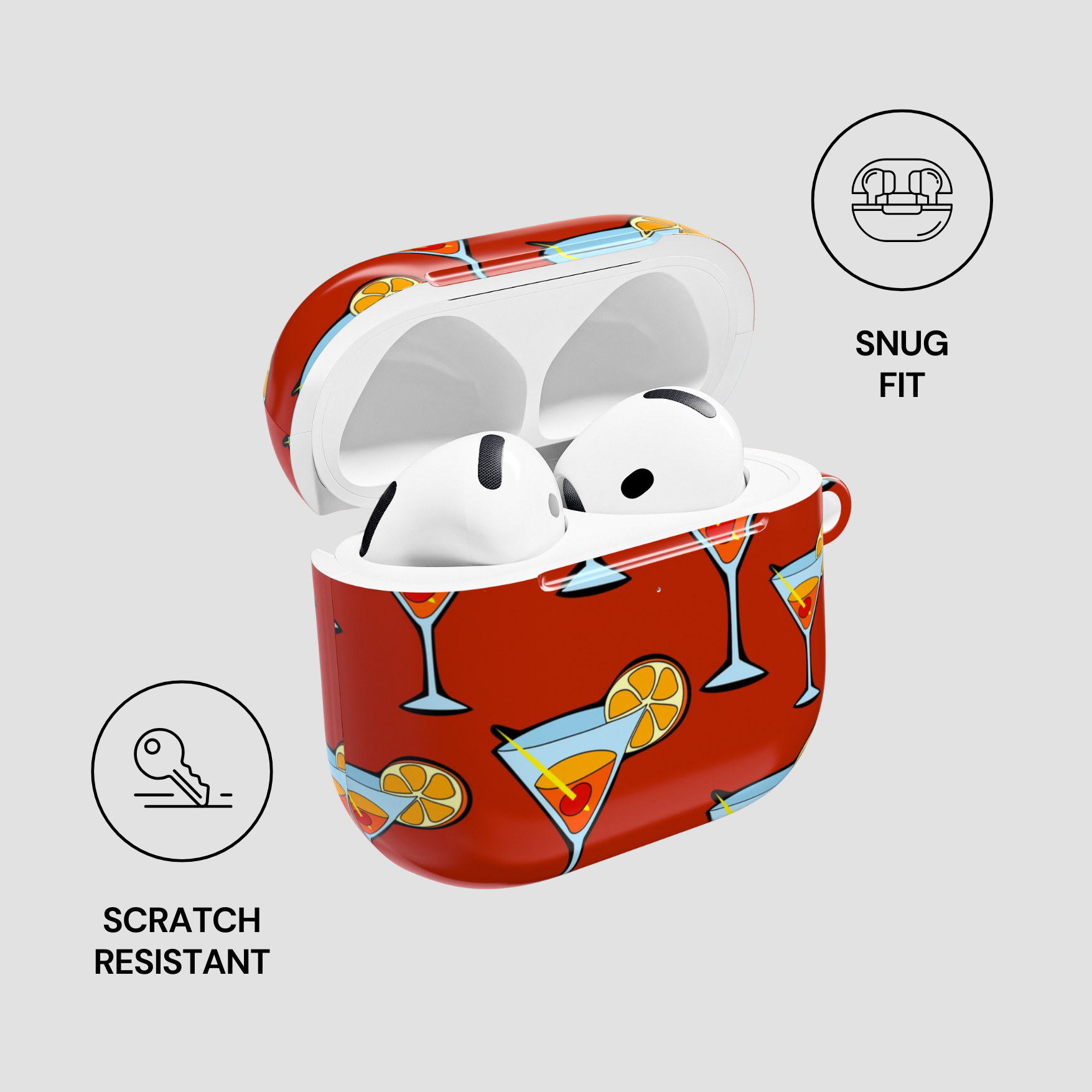 Red airpod case with cocktail design on a white background
