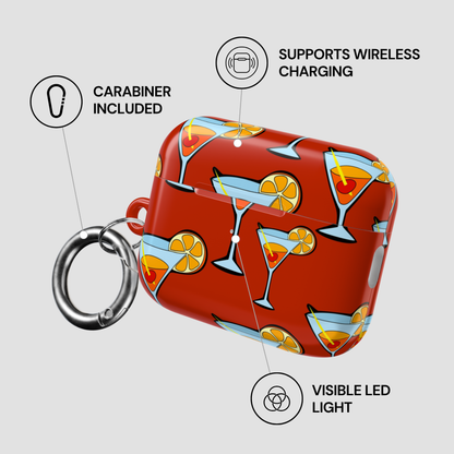 Red case with cocktail pattern, carabiner, wireless charging, and LED light features on a gray background