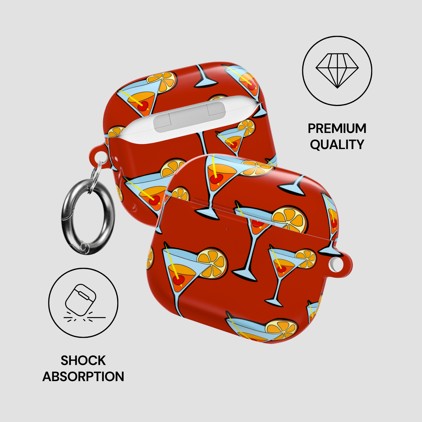 Red airpod case with cocktail pattern on a light gray background