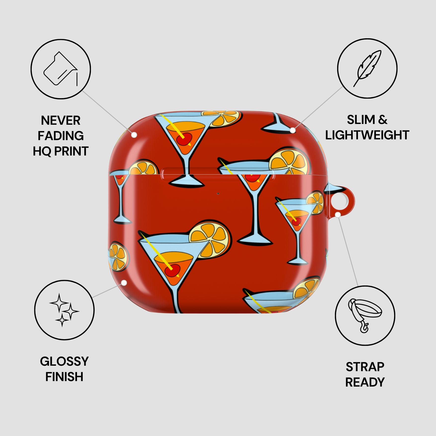 Red case with cocktail design, features listed on a white background