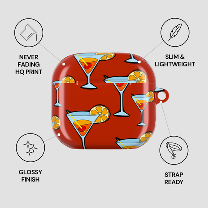 Red case with cocktail design, features listed on a white background