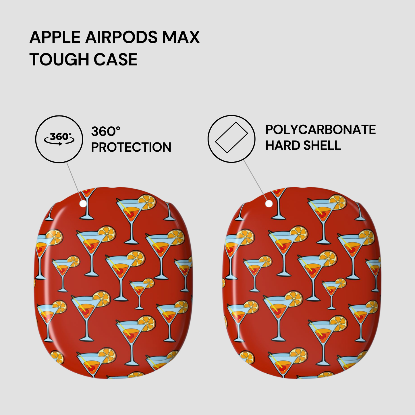 Two Apple AirPods Max tough cases with cocktail pattern on a gray background