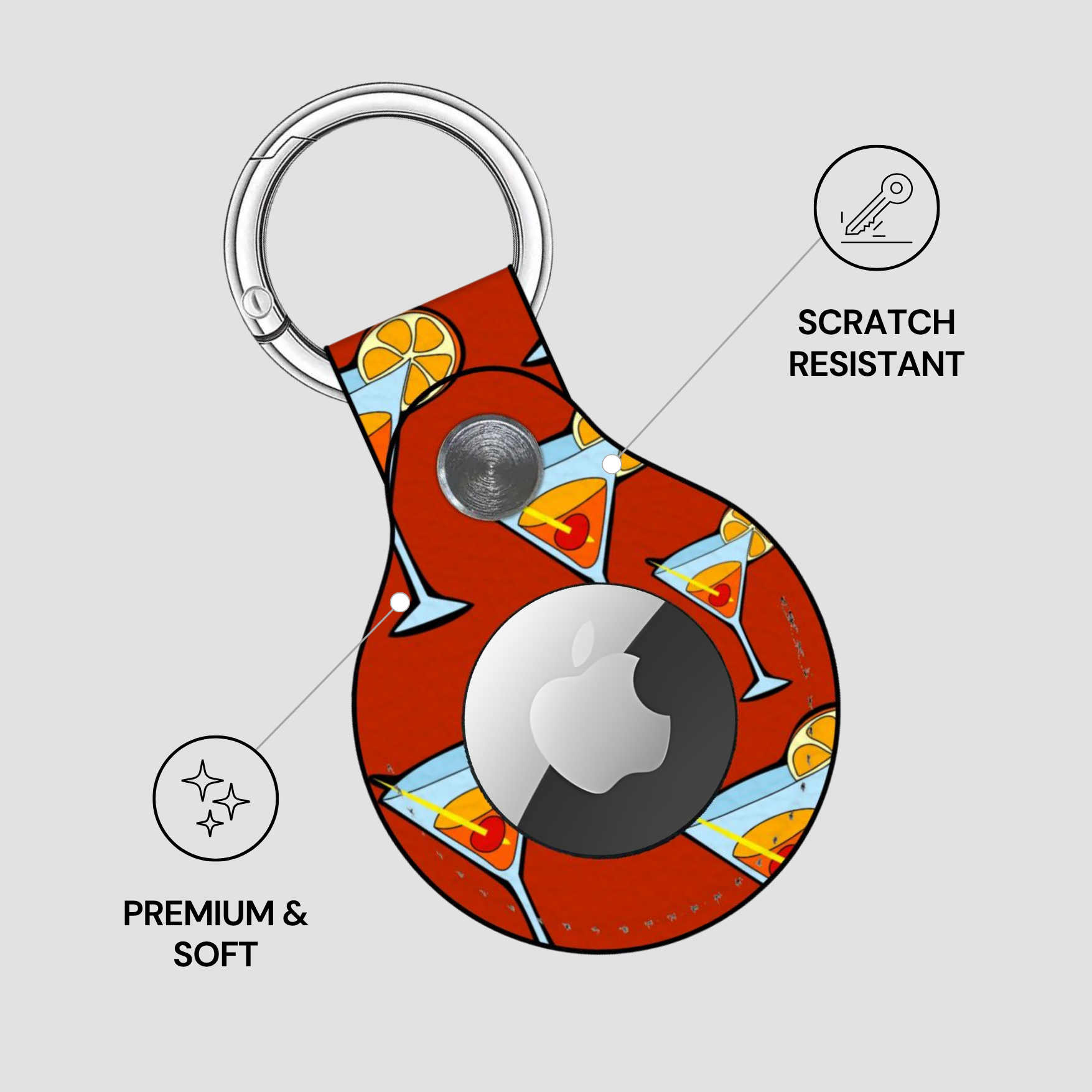 Keychain with a colorful design featuring cocktail-themed illustrations on a gray background.