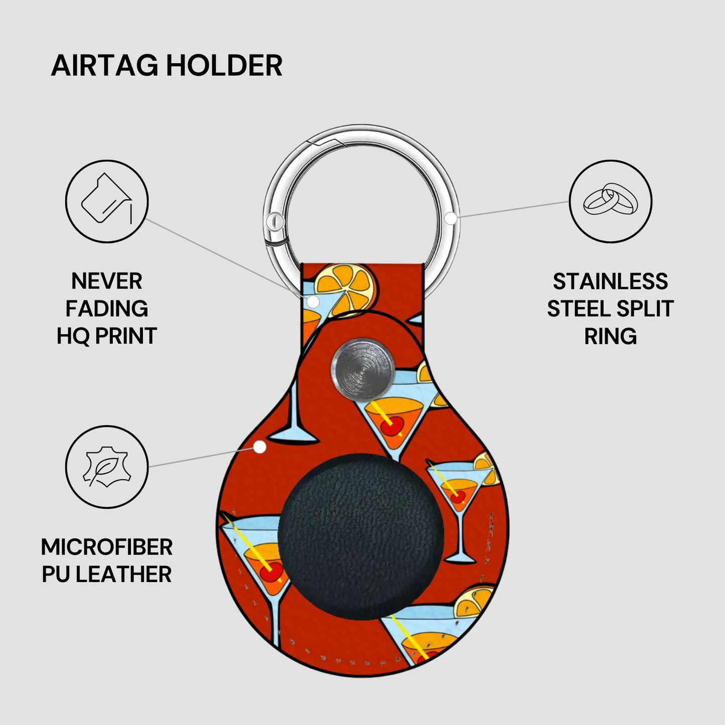 Airtag holder with cocktail design on a gray background