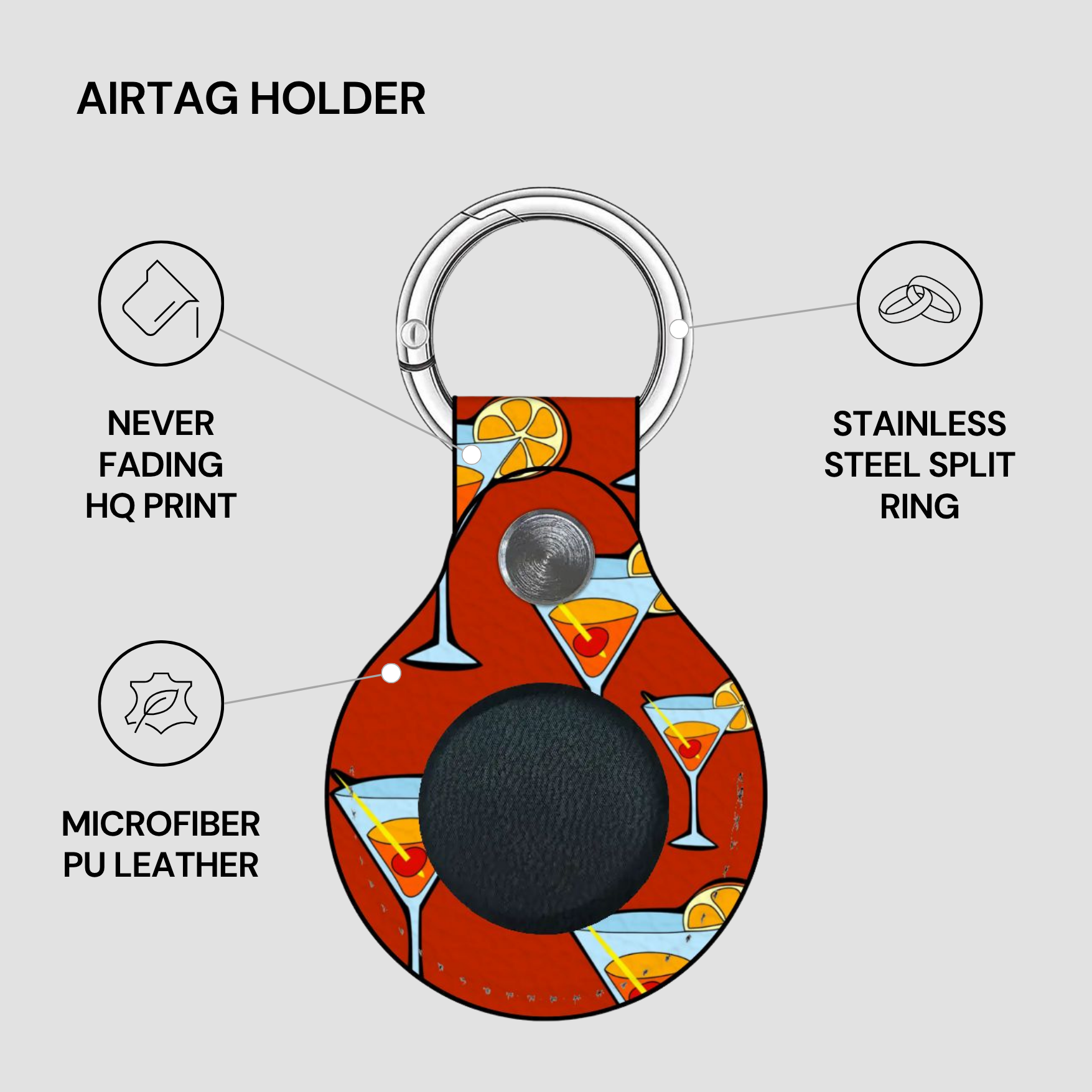 Airtag holder with cocktail design on a gray background