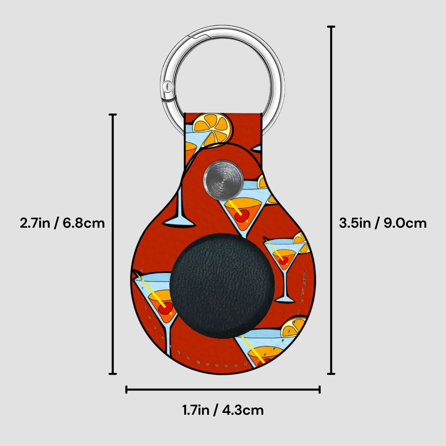 Keychain with drink pattern and measurements on a gray background