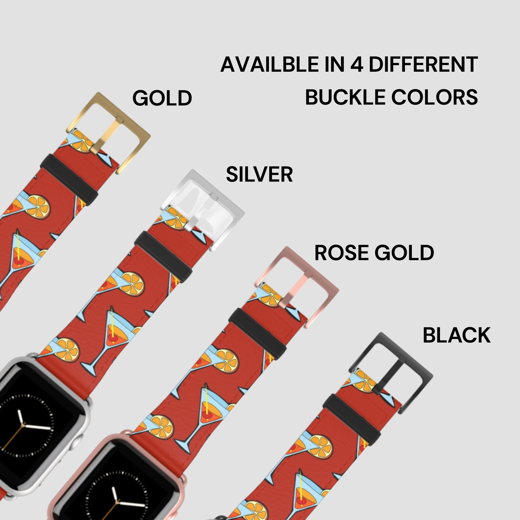 Watch strap with colorful design and options for different buckle colors on a light gray background.