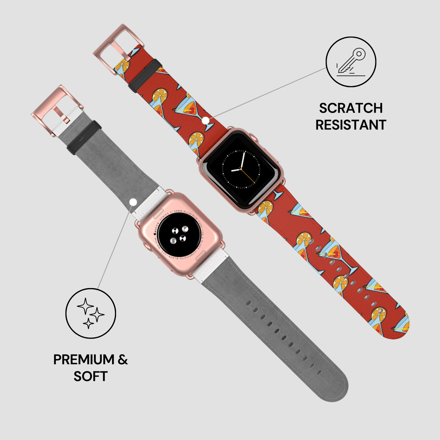 Two smartwatches with patterned and plain bands on a light gray background