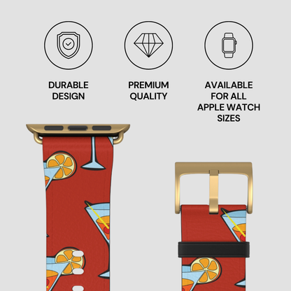 Watch strap with cocktail pattern and text highlighting durability, quality, and compatibility.