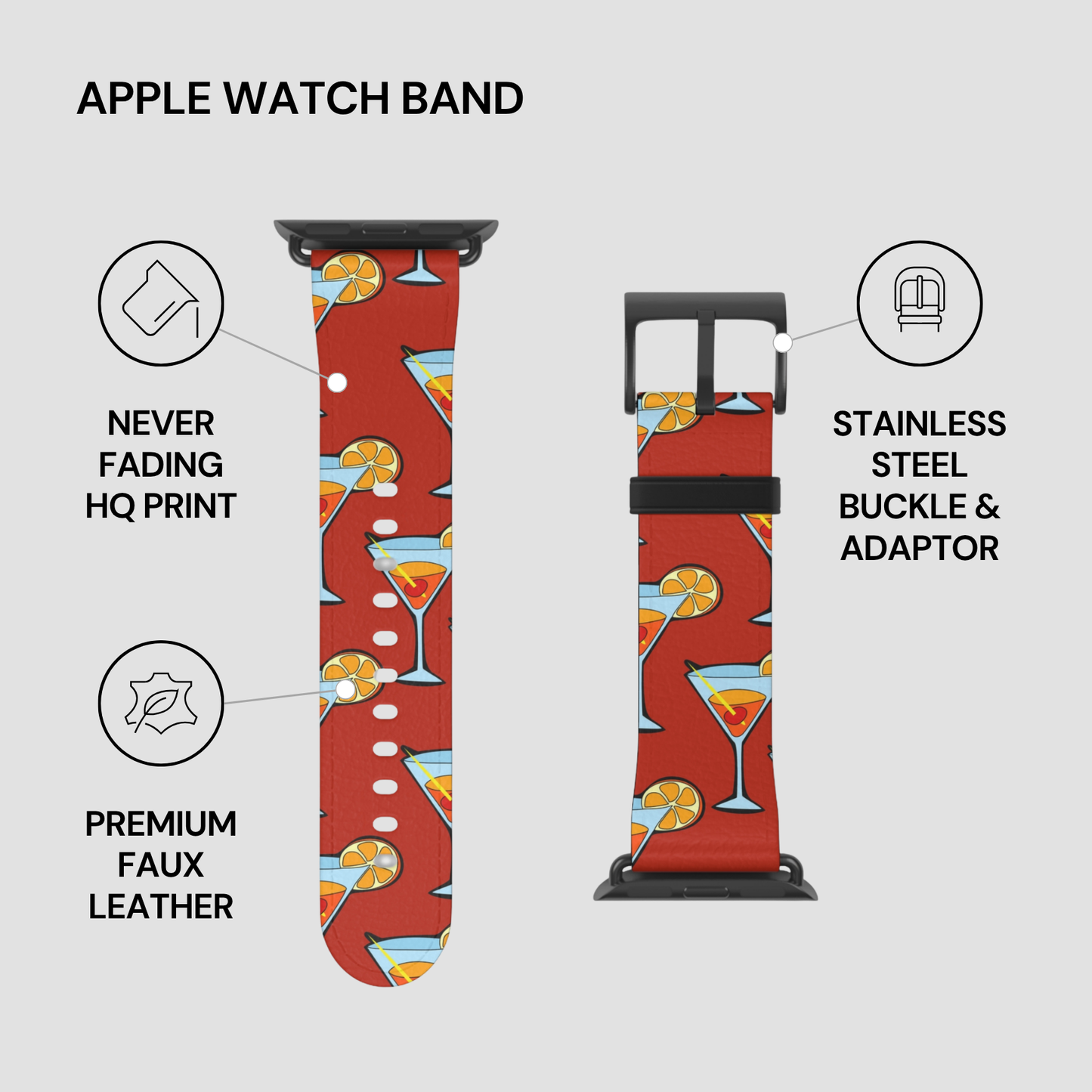 Apple watch band with cocktail design on a gray background