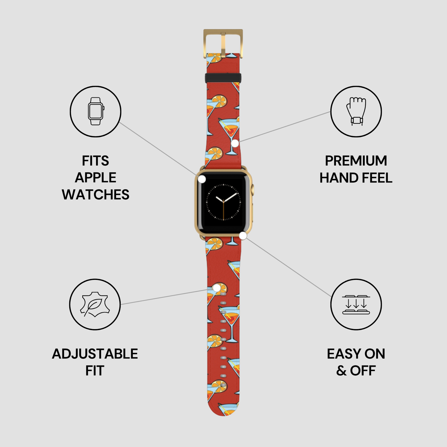 Smartwatch with a colorful patterned band on a white background with feature text.