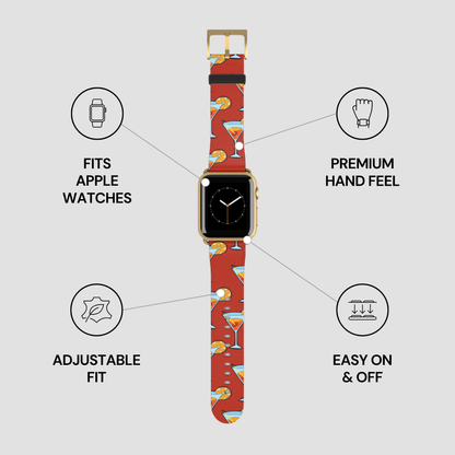 Smartwatch with a colorful patterned band on a white background with feature text.