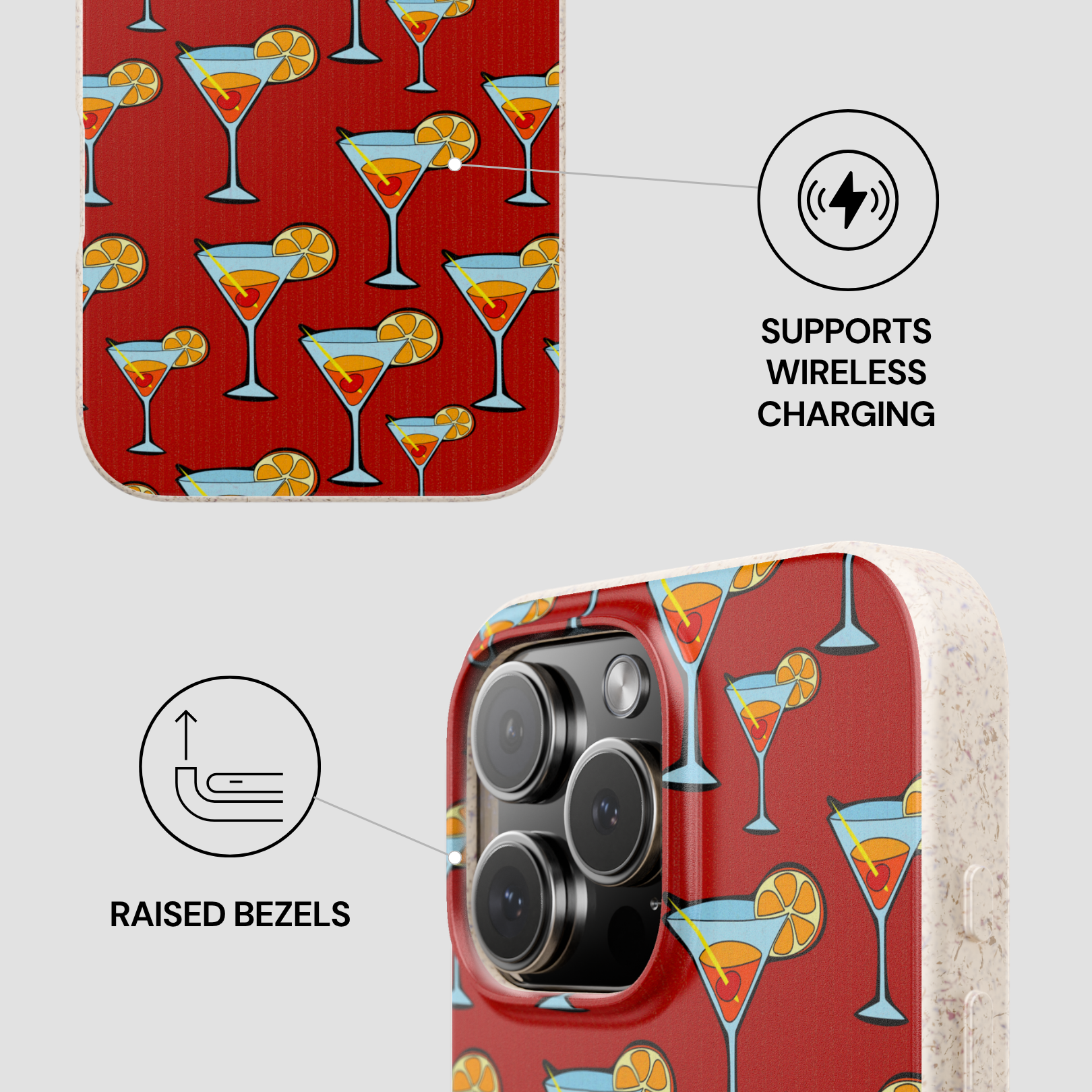 Phone case with cocktail pattern and wireless charging symbol on a red background