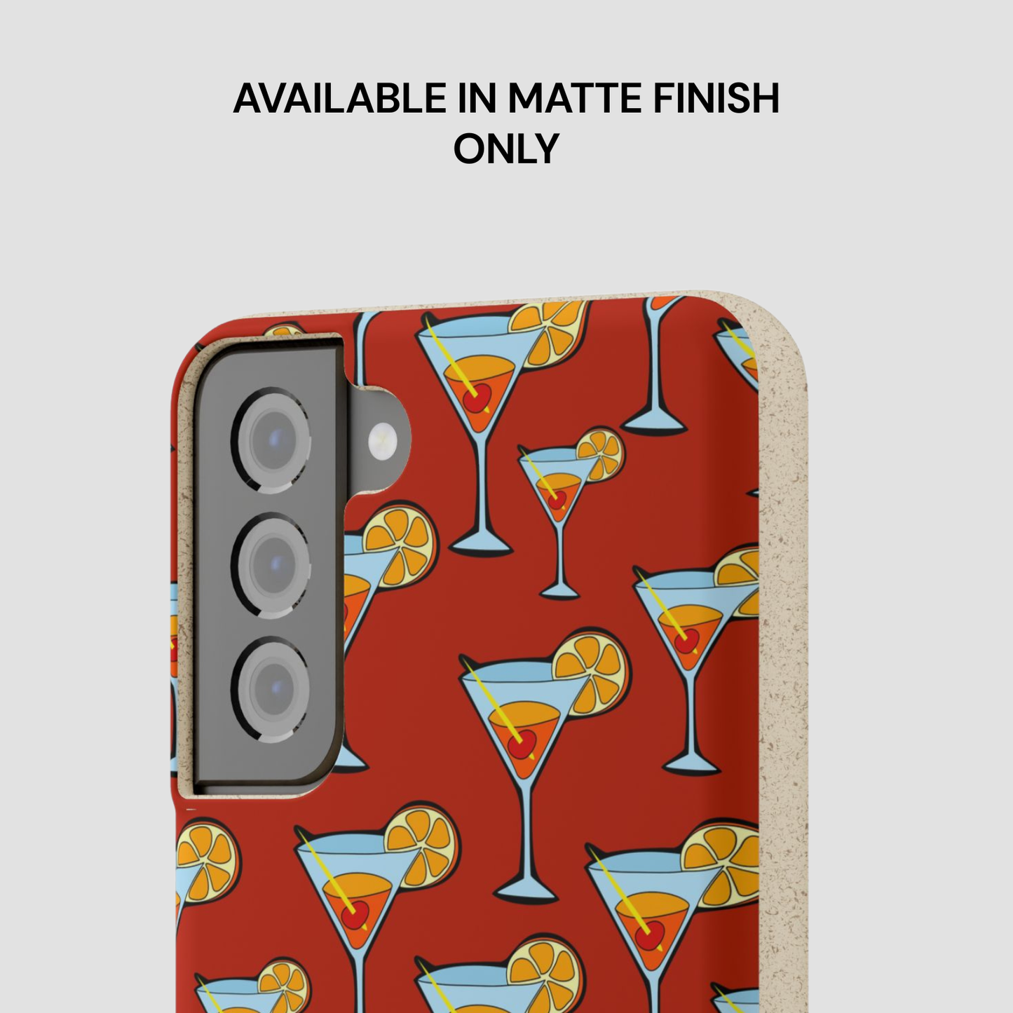 Phone case with martini glass pattern on a red background