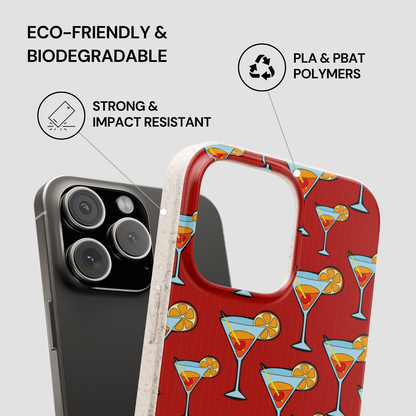 Phone case with cocktail pattern next to smartphone, labeled as eco-friendly and biodegradable.