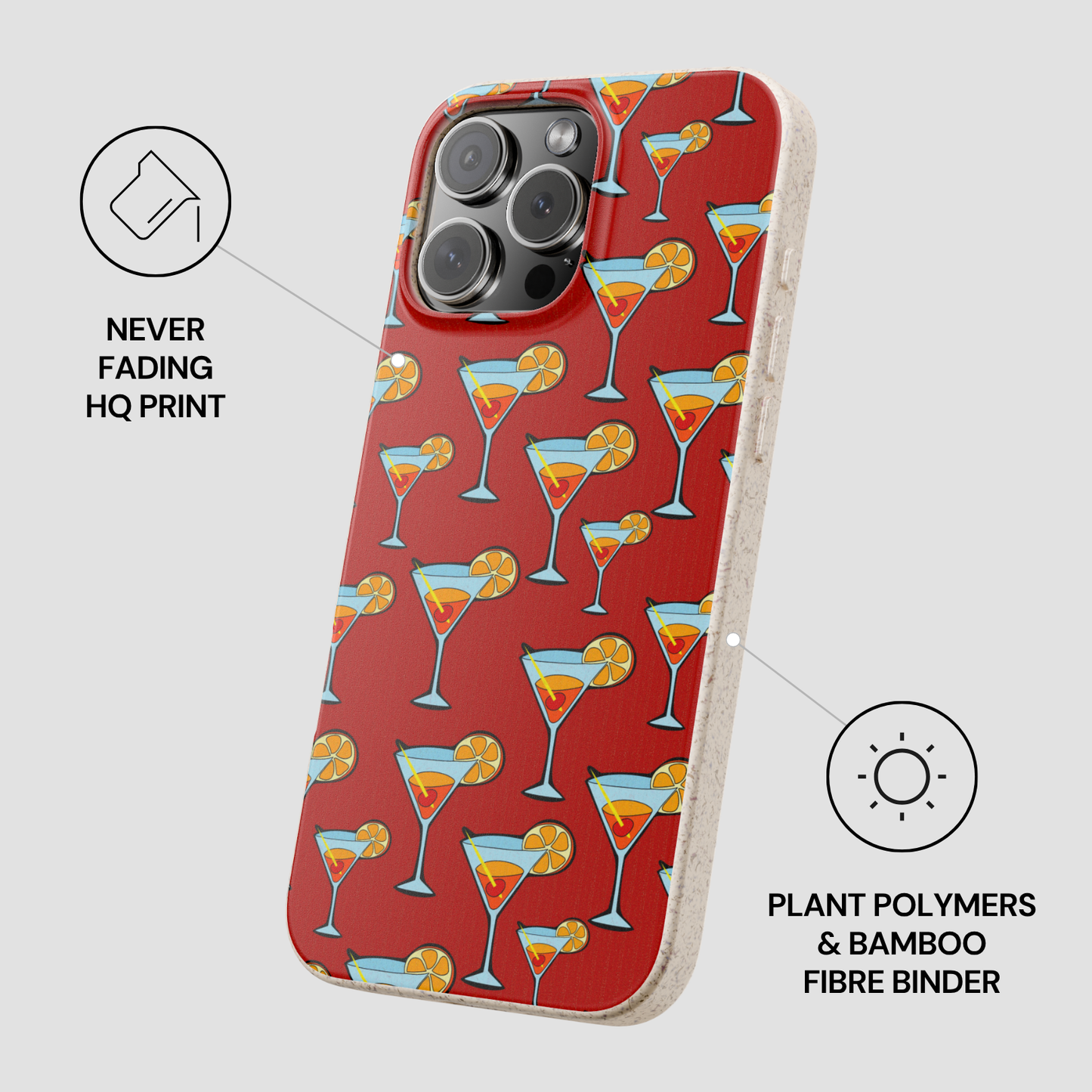 Phone case with cocktail pattern on a red background