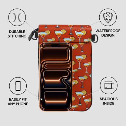 Phone case with cocktail pattern and features highlighted on a gray background