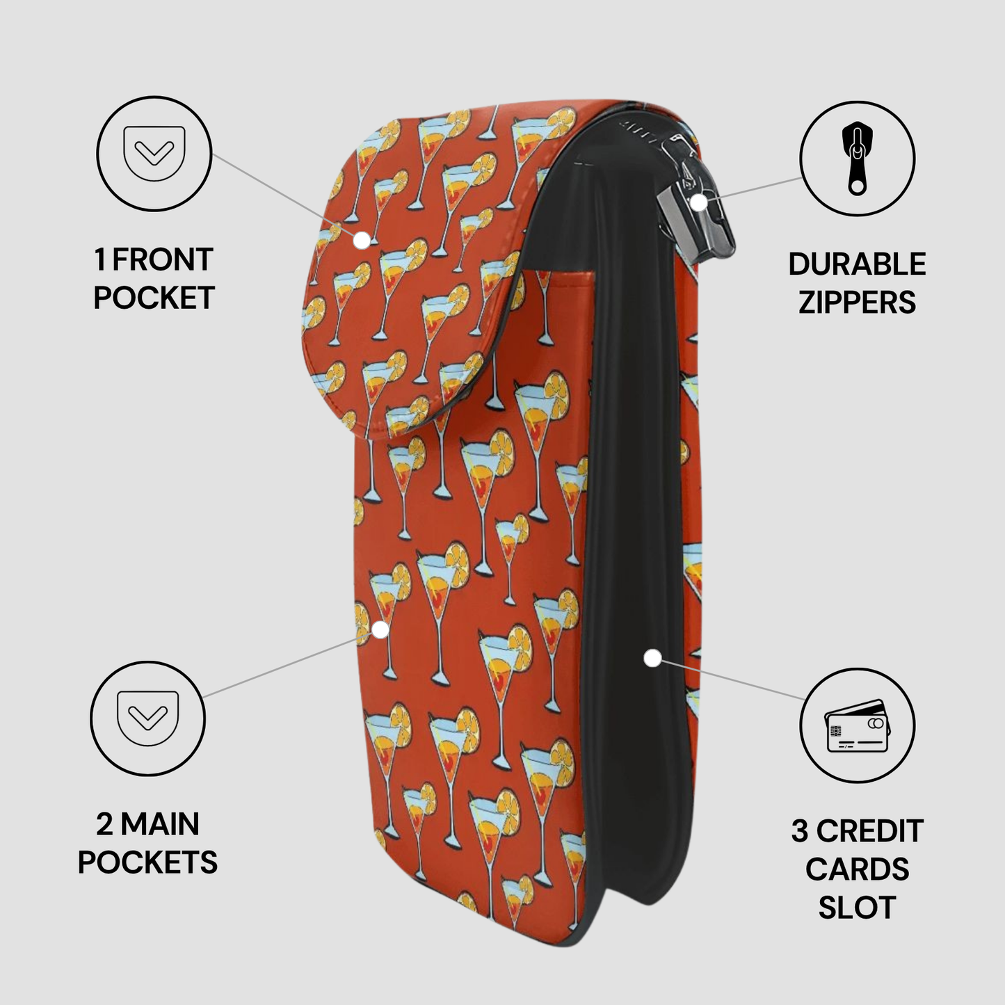 Red pouch with cocktail pattern and features labeled on a white background