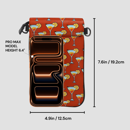 Phone case with cocktail pattern and measurements on a gray background