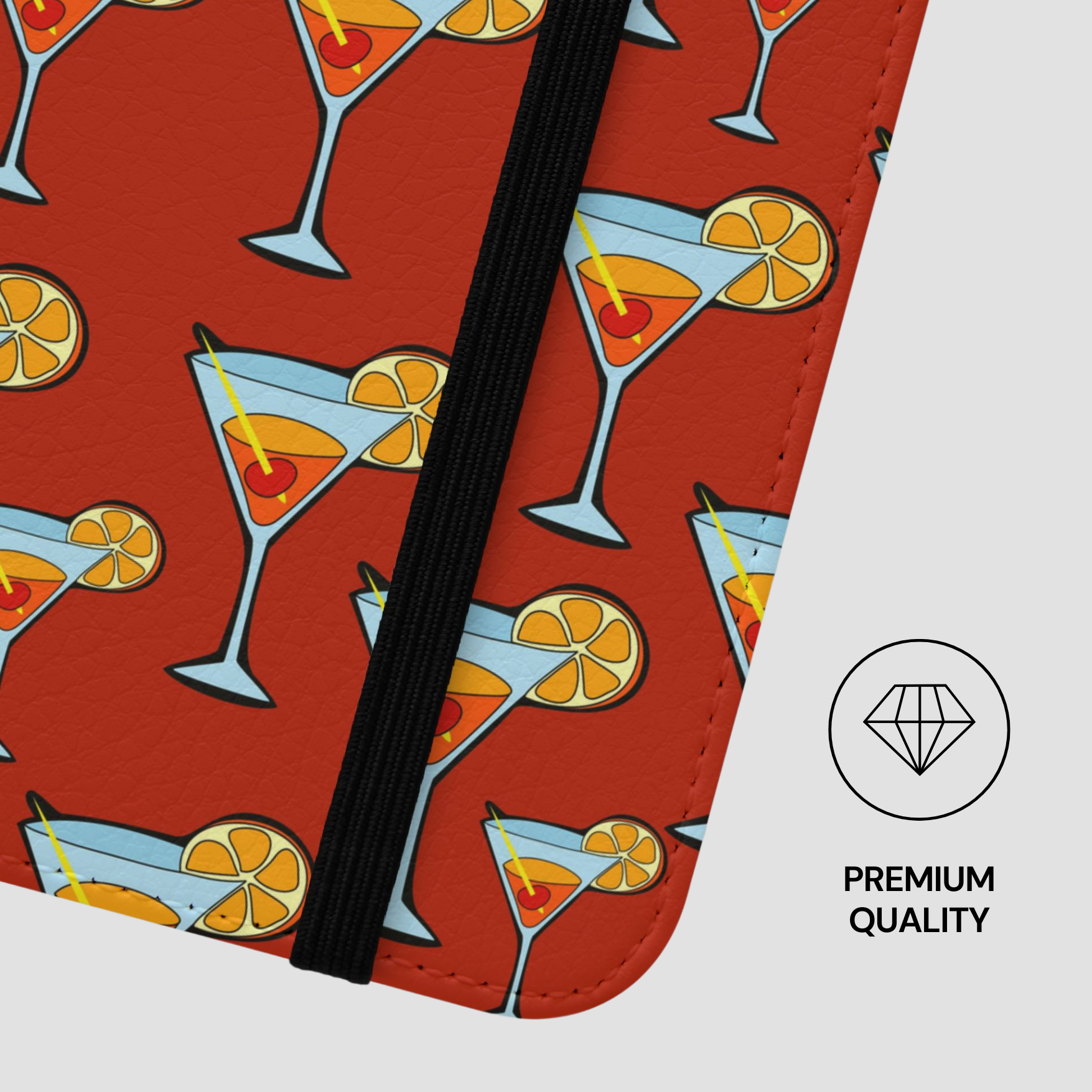Patterned product with cocktail design on a red background, featuring a 'Premium Quality' label.