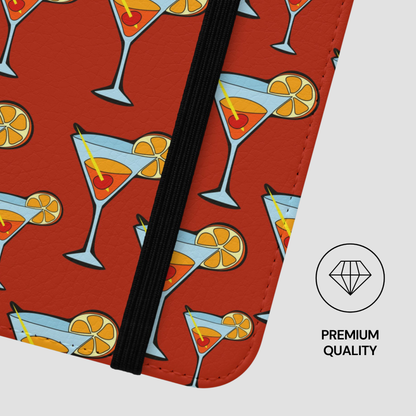 Patterned product with cocktail design on a red background, featuring a 'Premium Quality' label.