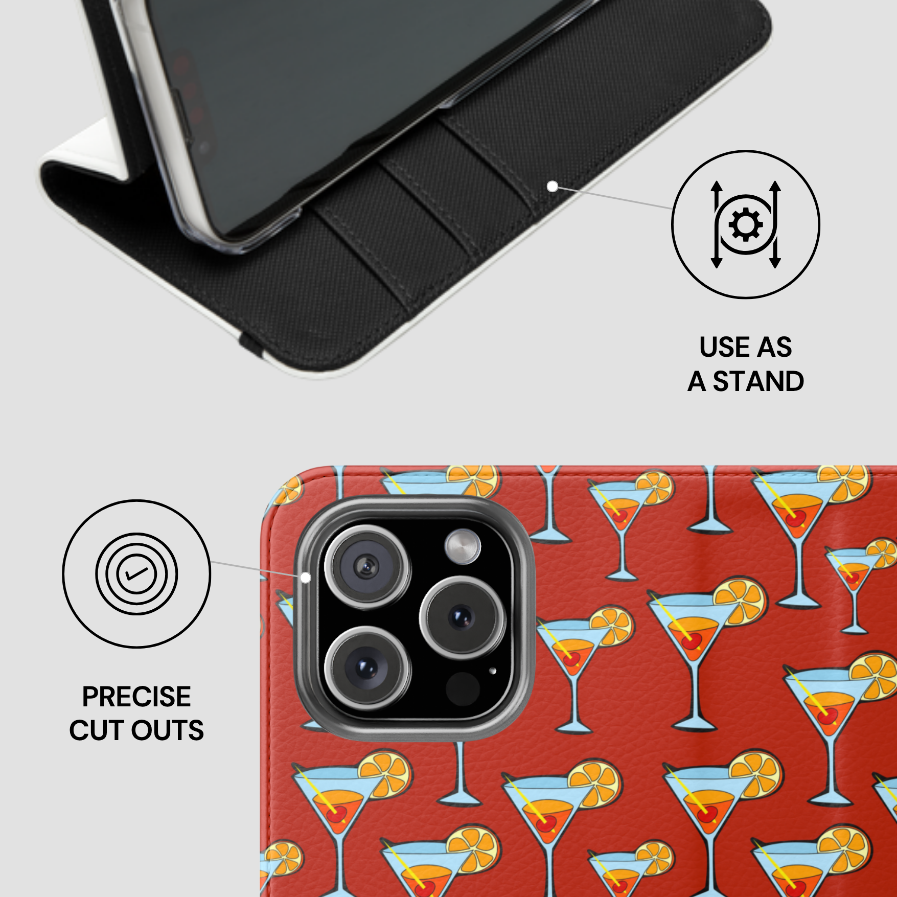 Phone case with cocktail pattern and stand feature on a light gray background