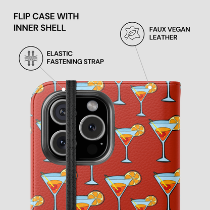 Phone case with martini glass design on a red background, featuring text about features.