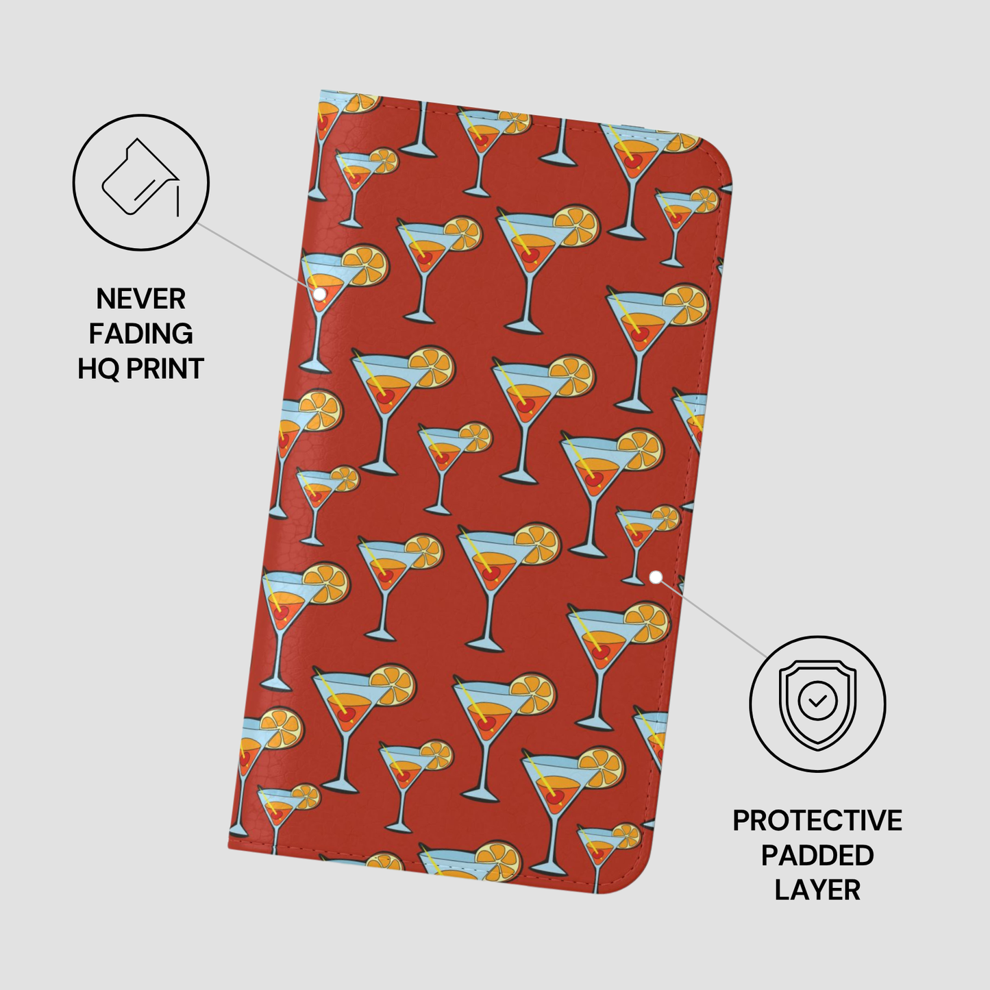 Foldable phone case with cocktail pattern on a red background