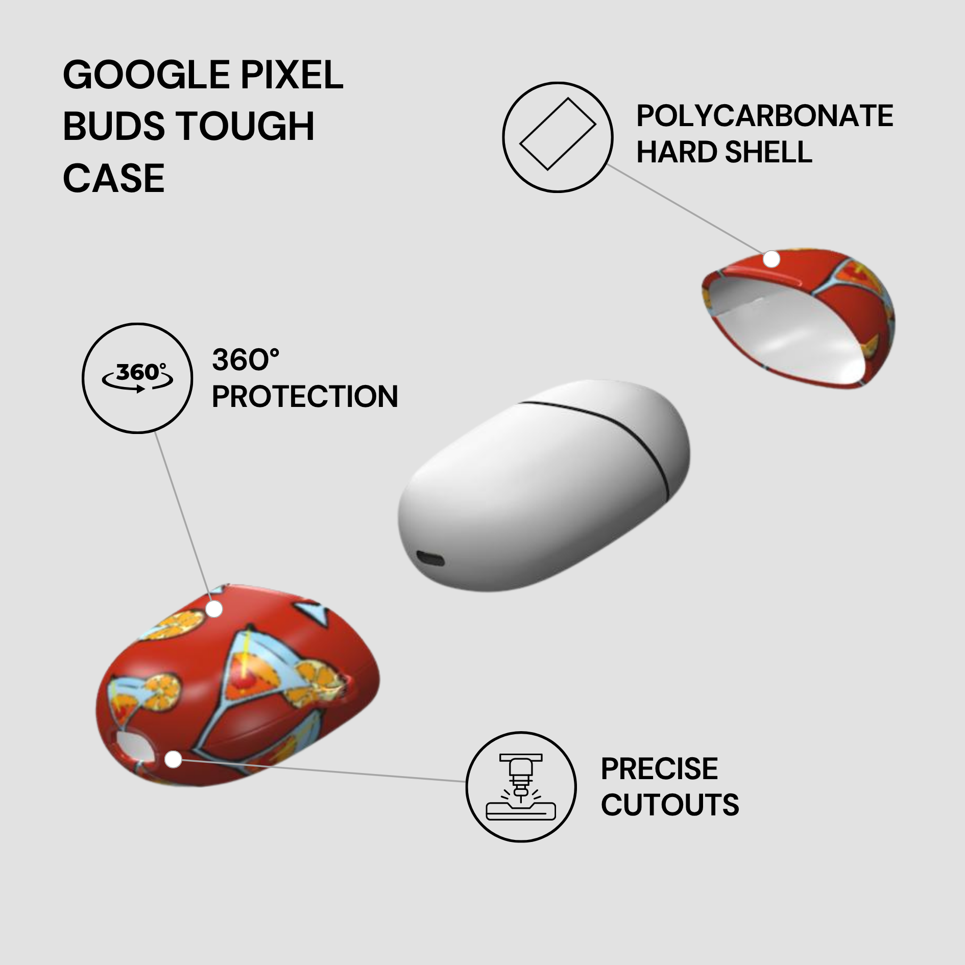 Google Pixel Buds Tough Case with features highlighted on a white background