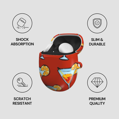 Red case with cocktail design on a gray background with feature icons and text.