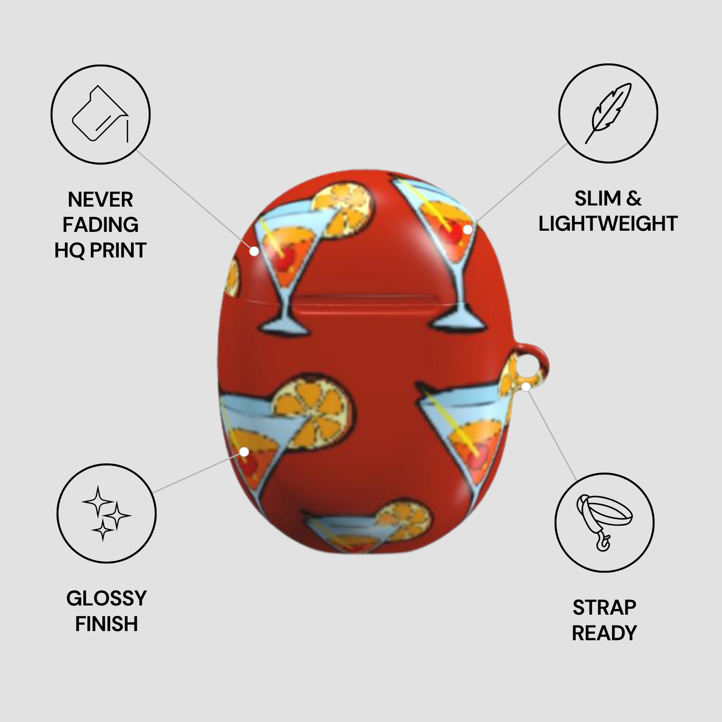 Red case with cocktail design and feature icons on a gray background