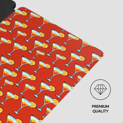 Yoga mat with cocktail pattern on a red background, featuring a 'Premium Quality' diamond icon.