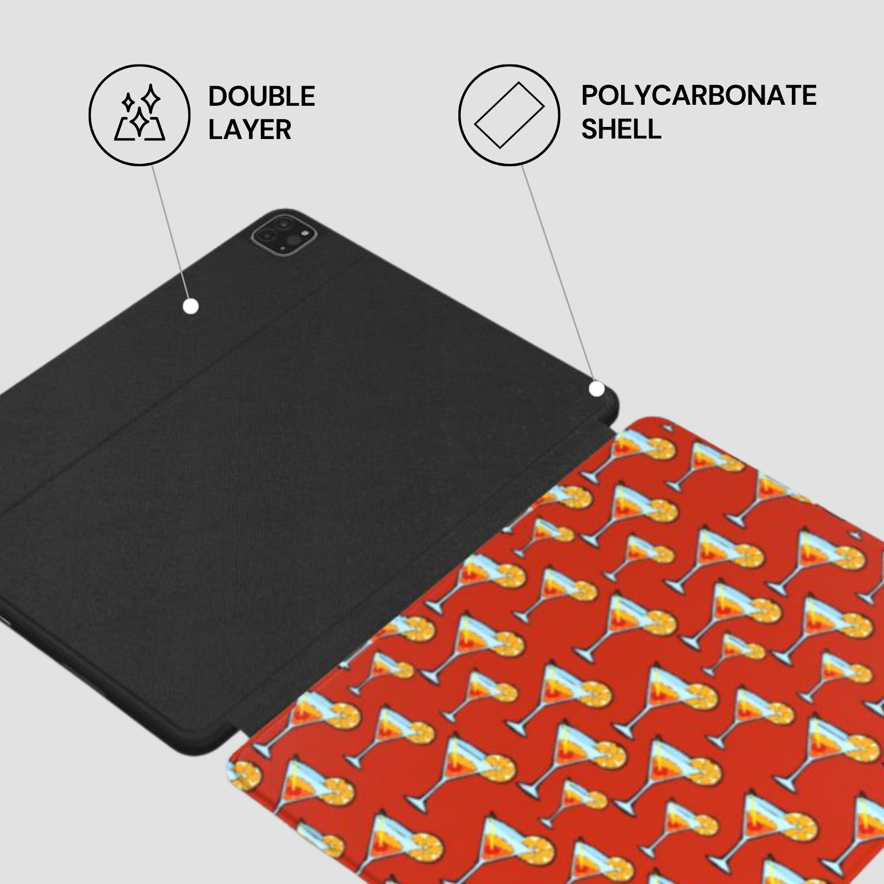 Tablet case with red patterned cover and black hard shell, labeled 'Double Layer' and 'Polycarbonate Shell'.