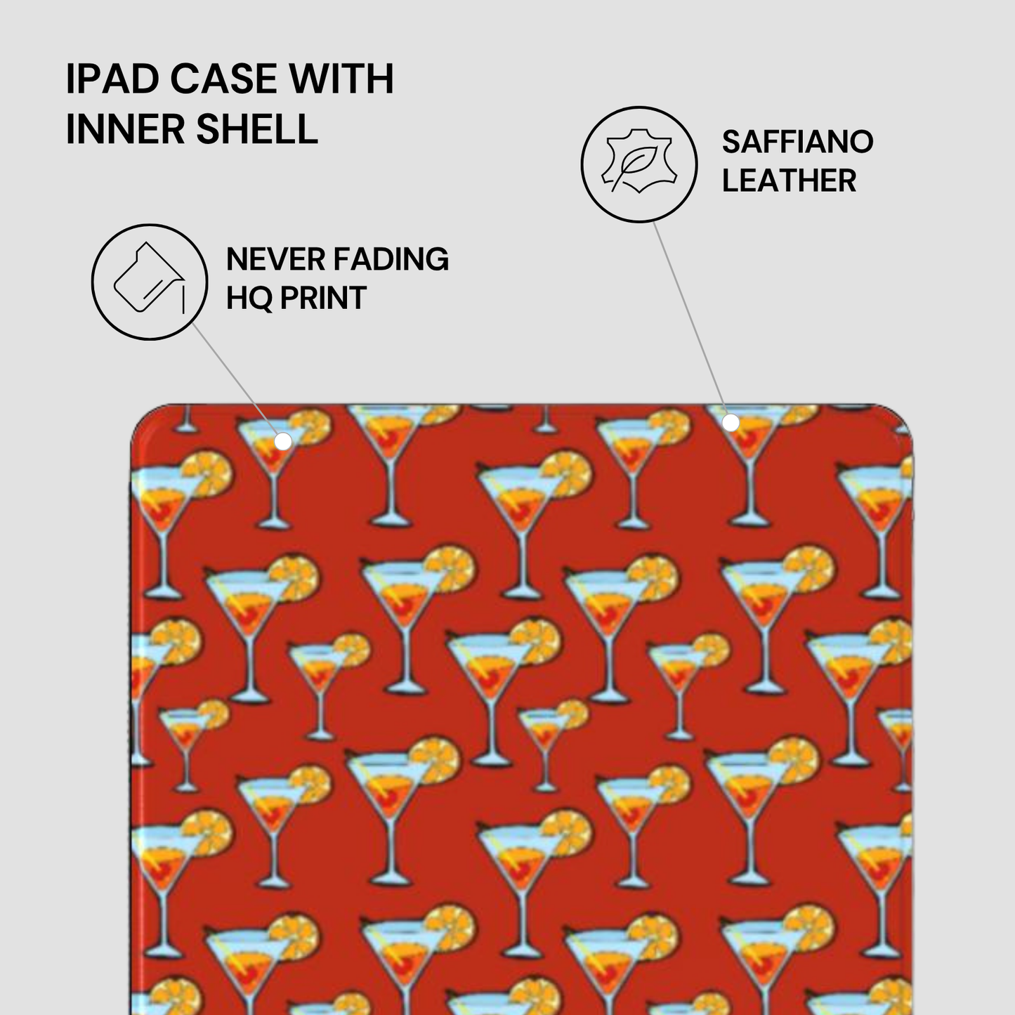 IPAD CASE WITH INNER SHELL featuring saffiano leather, never fading HQ print, and cocktail pattern on red background