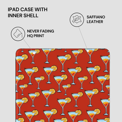 IPAD CASE WITH INNER SHELL featuring saffiano leather, never fading HQ print, and cocktail pattern on red background