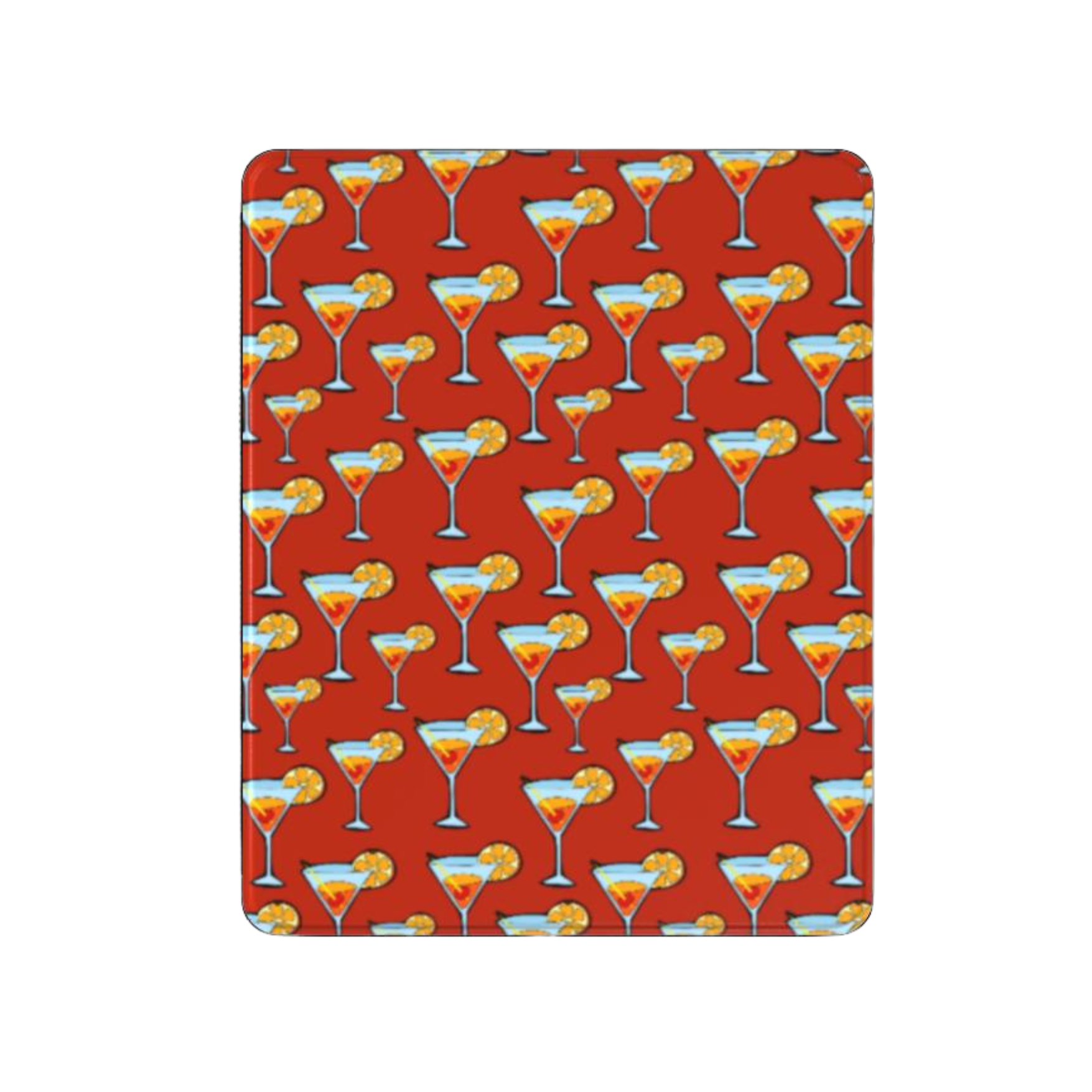 Pattern of cocktail glasses with orange slices on a red background