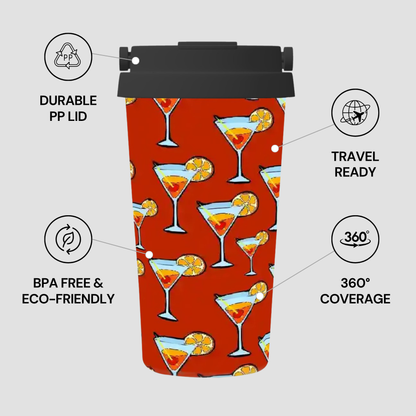 Tumbler with cocktail pattern and feature icons on a light gray background