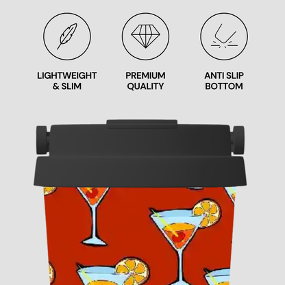 Product with cocktail pattern and features listed on a gray background