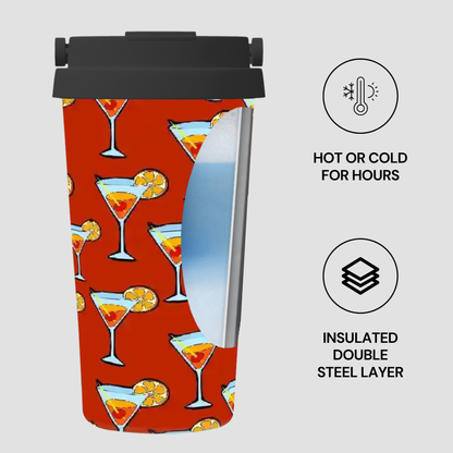Tumbler with cocktail pattern and insulated features on a white background