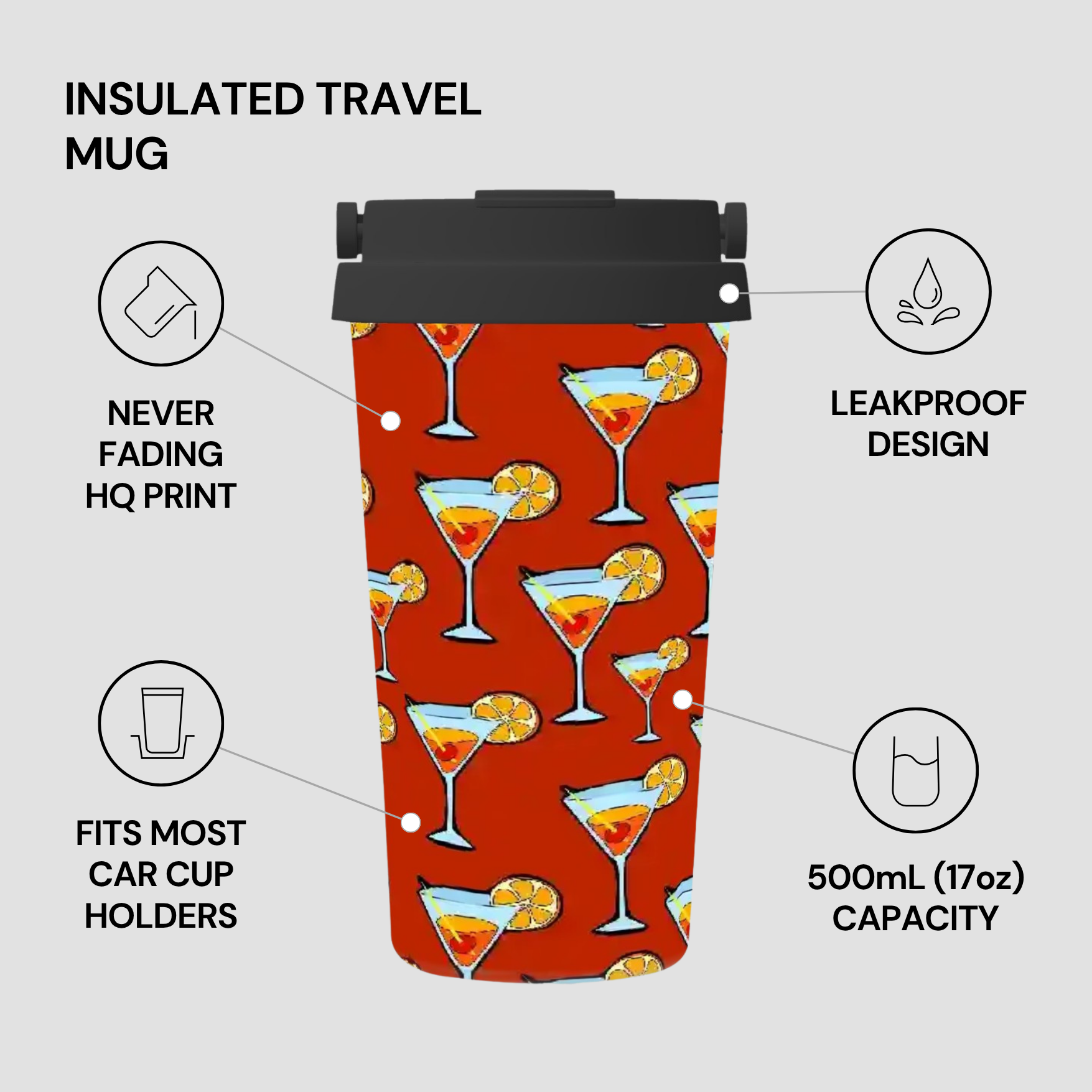 Insulated travel mug with cocktail pattern on a gray background