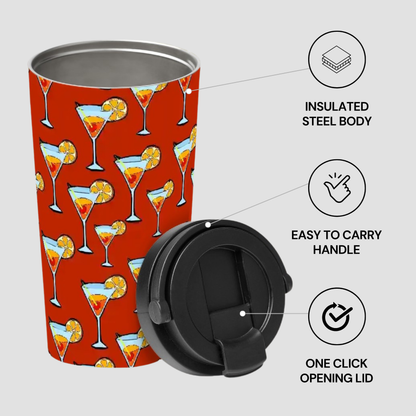 insulated steel tumbler with cocktail pattern, black lid, and features listed on a white background