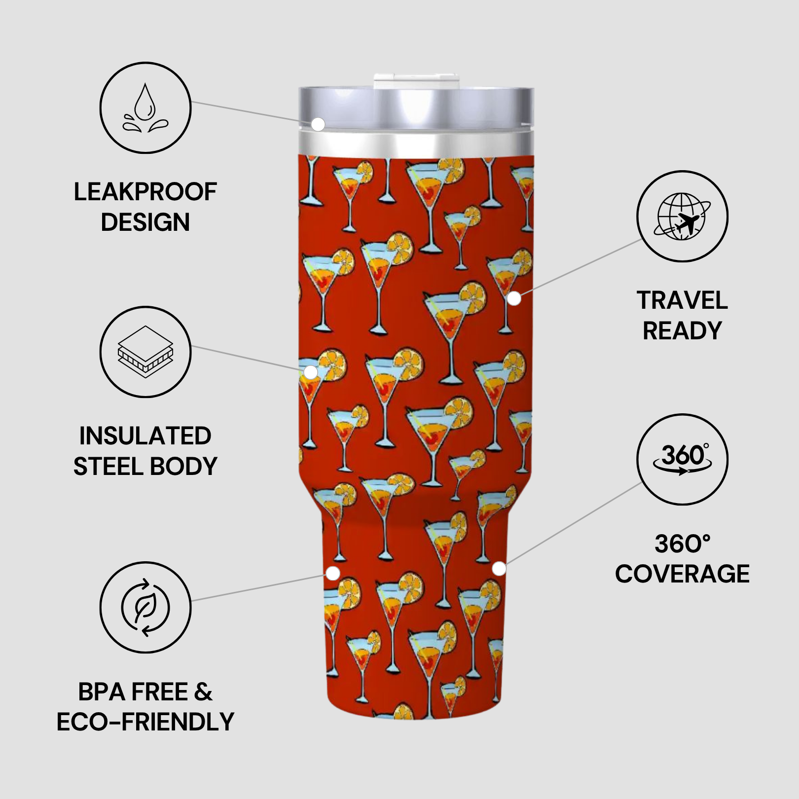 Tumbler with cocktail pattern and feature text on a gray background