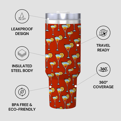Tumbler with cocktail pattern and feature text on a gray background