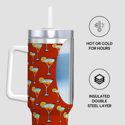 Insulated tumbler with cocktail pattern on a white background