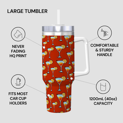 Large tumbler with cocktail pattern, handle, and text highlighting features on a white background