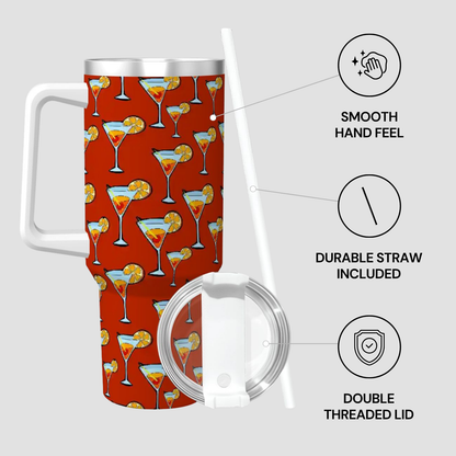 Tumbler with cocktail pattern, smooth handle, durable straw, and double-threaded lid on a white background.