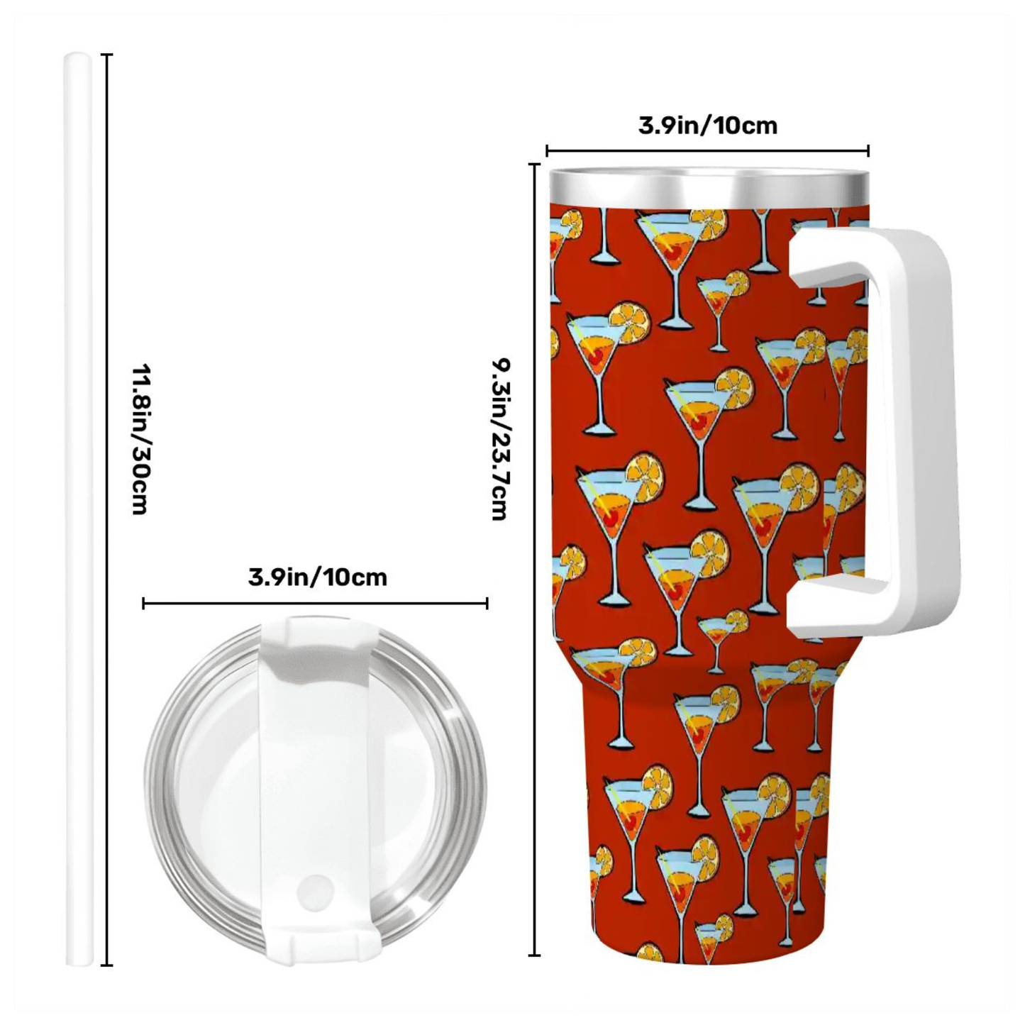 Tumbler with cocktail pattern and measurements on a white background