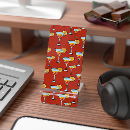Phone case with cocktail pattern on a desk with computer and headphones